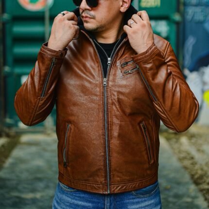 Mens Casual Hooded Vintage Leather Jacket with Removable Hood