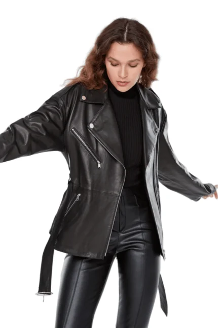 Women’s 100% Real Black Leather Belted Blazer Coat