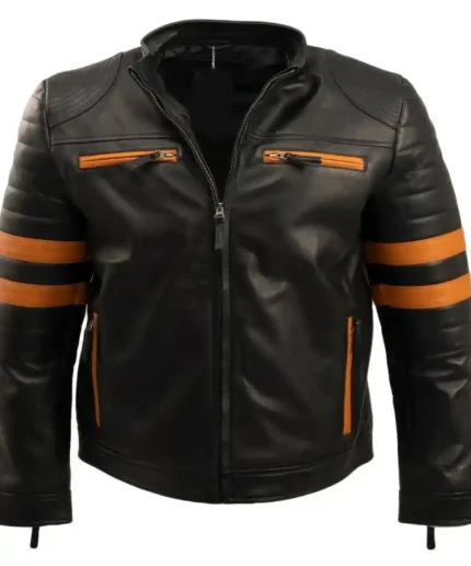 Men Cafe Racer Striped Leather Jacket
