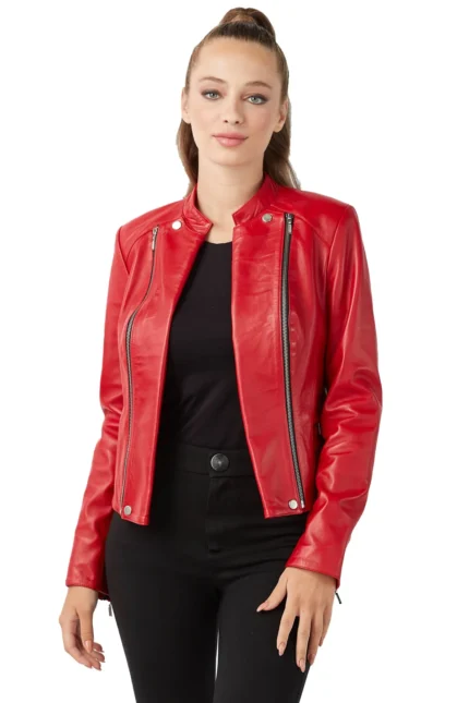 Women’s 100% Real Red Leather Double Collar Jacket